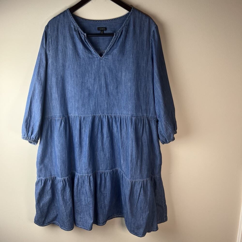Talbots Dress XL Chambray Cotton Denim Tiered 3/4 Sleeve Boho